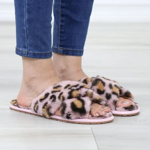 Cross Strap Leopard Blush Pink Puff Fuzzy Fluffy Slip On Plush Slippers - Picture 4 of 13